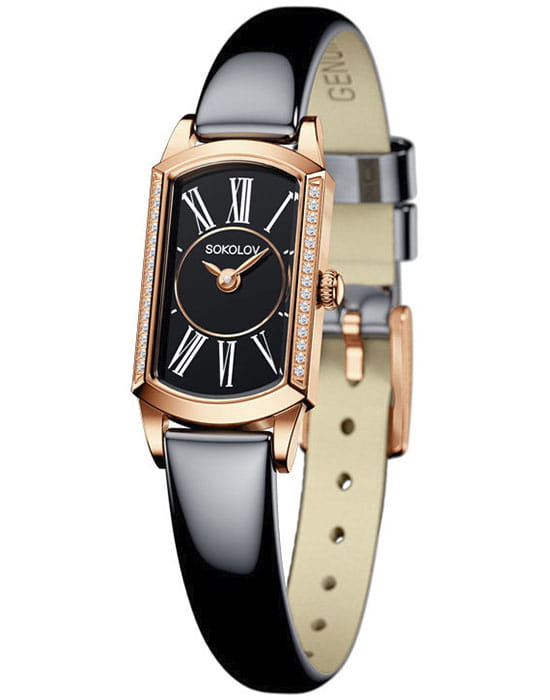 Sokolov 222.01.00.100.03.05.3  222.01.00.100.03.05.3 кварцевые женские часы черный циферблат, браслет кожаный — вид спереди
