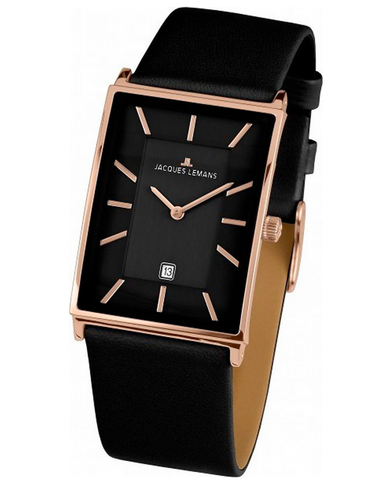 Jacques Lemans Jacques Lemans York 1-1602E  1-1602e кварцевые мужские часы черный циферблат, браслет кожаный — вид спереди