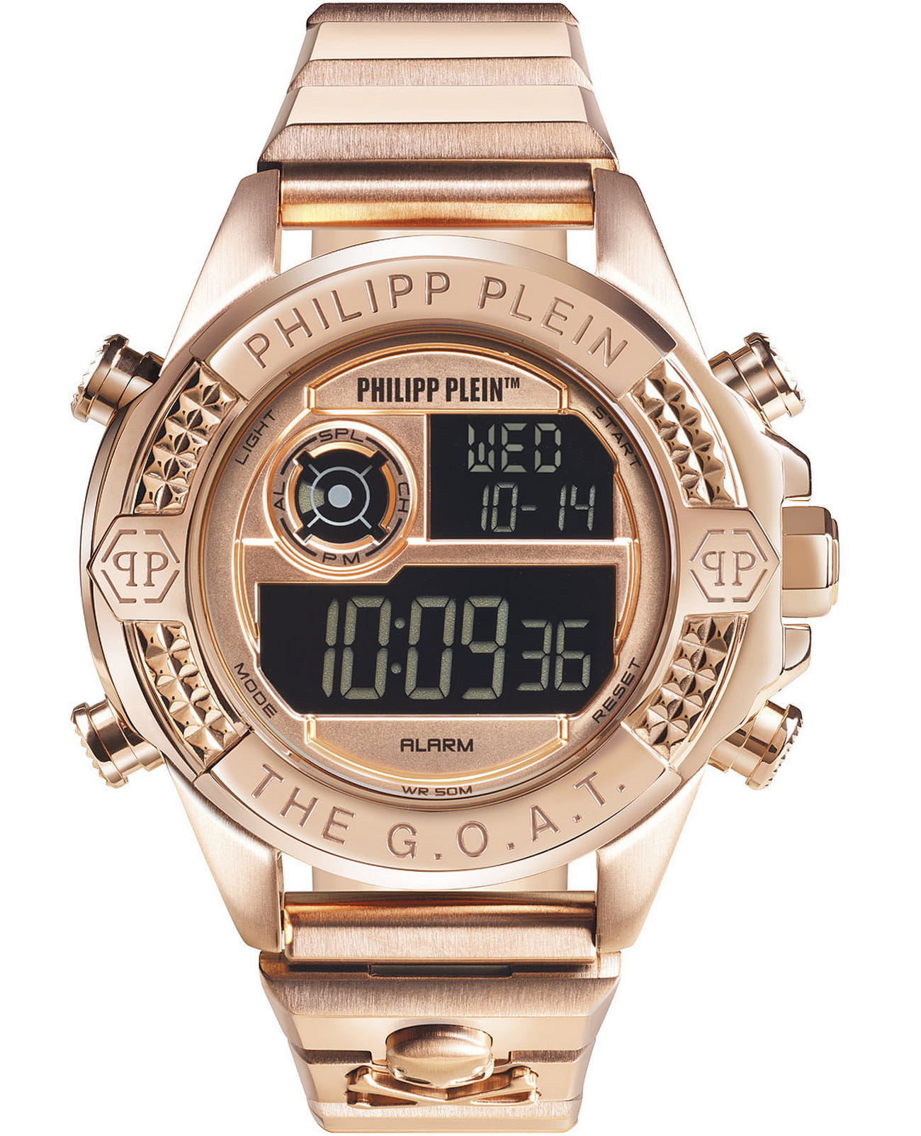 Philipp Plein Philipp Plein The G.O.A.T. PWFAA0421  PWFAA0421 кварцевые мужские часы золотой циферблат, браслет нержавеющая сталь — вид спереди