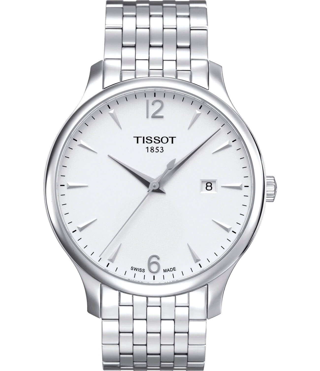 Tissot Tissot Tradition T063.610.11.037.00 Tradition T0636101103700 кварцевые мужские часы белый циферблат, браслет нержавеющая сталь — вид спереди
