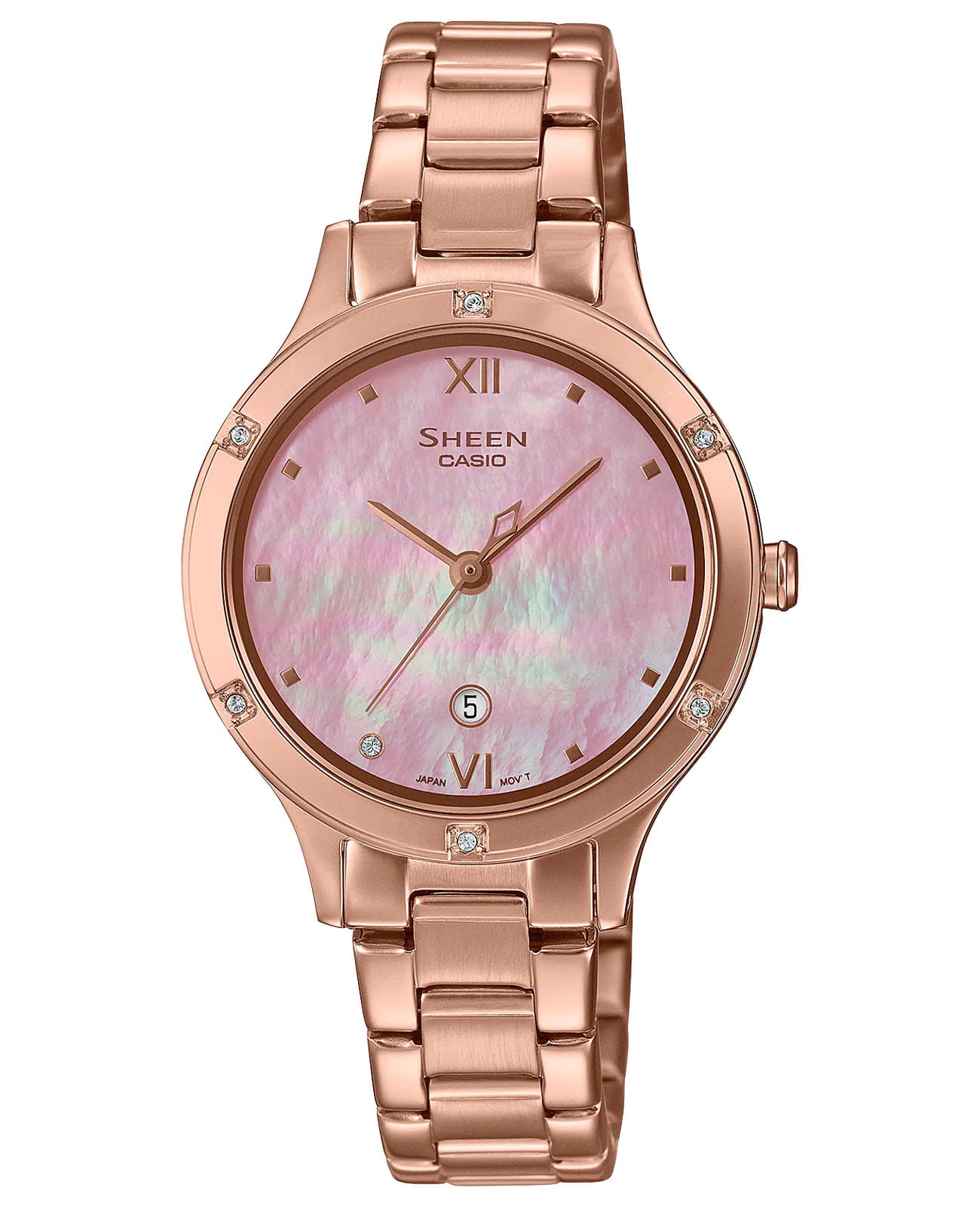 Casio Casio Sheen SHE-4546PG-4A  SHE-4546PG-4A кварцевые женские часы перламутровый циферблат, браслет сталь с ip покрытием — вид спереди