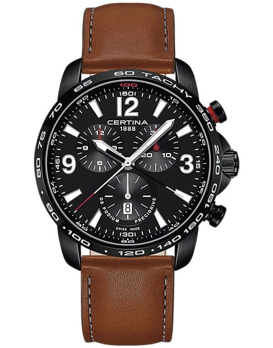 Certina Certina DS Podium Big Size Chrono C001.647.36.057.00  C0016473605700 кварцевые мужские часы черный циферблат, браслет кожаный — вид спереди