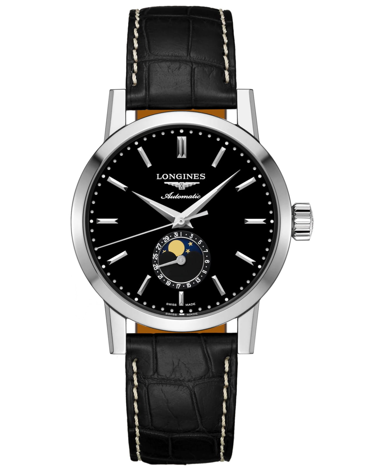 Longines Longines 1832 L4.826.4.52.0  L48264520 механические мужские часы черный циферблат, браслет кожаный — вид спереди