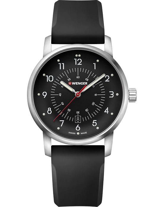 Wenger Avenue 01.1641.115  01.1641.115 кварцевые мужские часы черный циферблат, браслет силикон — вид спереди