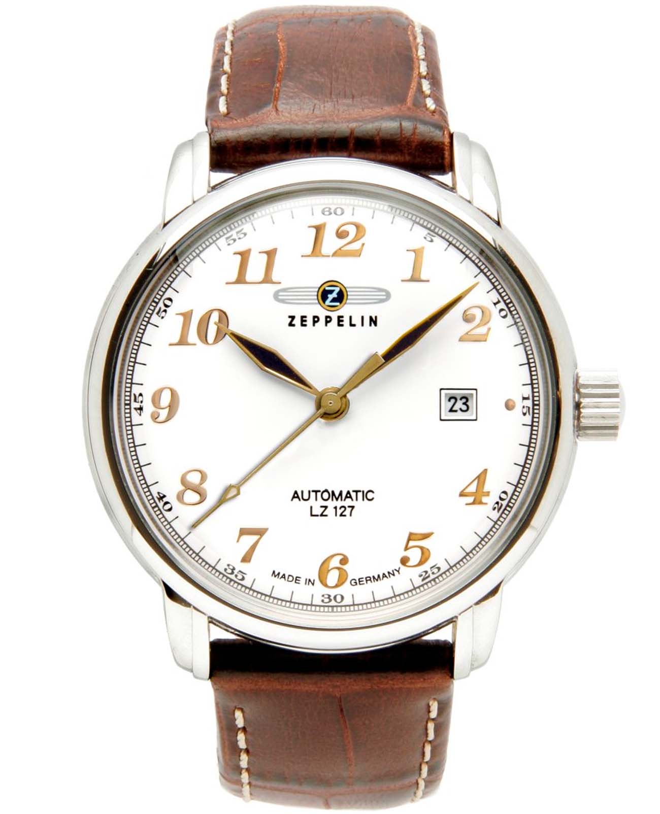 Zeppelin Zeppelin LZ127 Graf Zeppelin 76561  76561 механические мужские часы белый циферблат, браслет кожаный — вид спереди