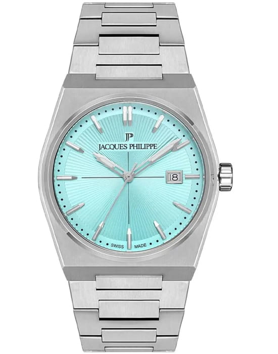 Jacques Philippe Jacques Philippe Aurora JPQGS4213X6LG  JPQGS4213X6LG кварцевые мужские часы бирюзовый циферблат, браслет нержавеющая сталь 316l — вид спереди