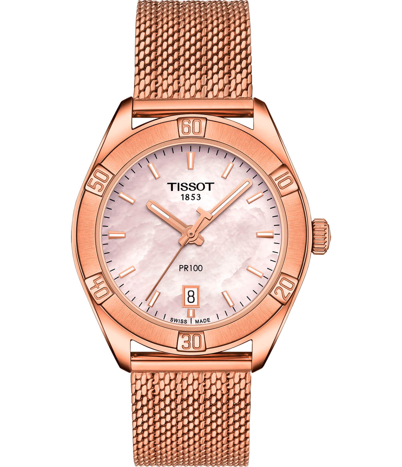 Tissot Tissot PR 100 Sport Chic T101.910.33.151.00 PR 100 Sport Chic T1019103315100 кварцевые женские часы розовый циферблат, браслет сталь c pvd покрытием — вид спереди