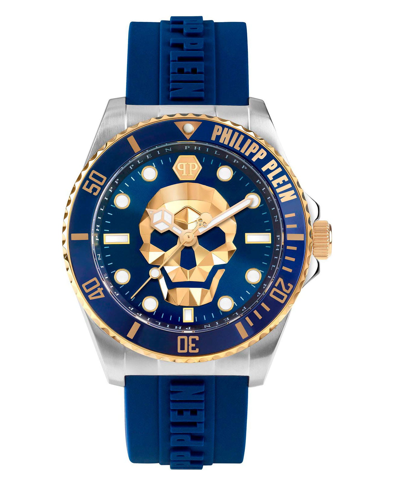 Philipp Plein Philipp Plein The Skull PWOAA0222  PWOAA0222 кварцевые мужские часы синий циферблат, браслет силикон — вид спереди