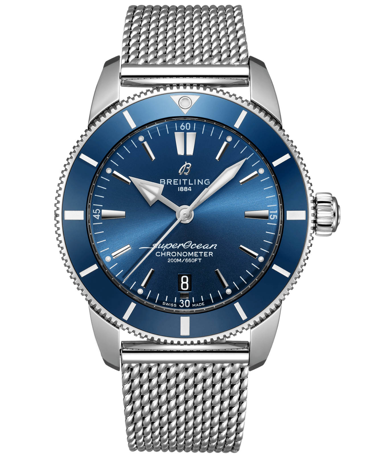 Breitling Breitling Superocean Heritage B20 Automatic 44 AB2030161C1A1  AB2030161C1A1 механические мужские часы синий циферблат, браслет нержавеющая сталь — вид спереди