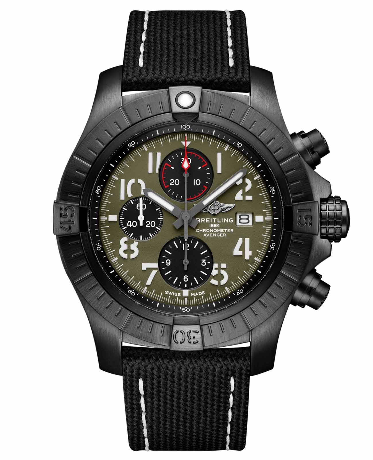 Breitling Breitling Super Avenger Chronograph 48 Night Mission V133751A1L1X1  V133751A1L1X1 механические мужские часы зеленый циферблат, браслет кожаный — вид спереди