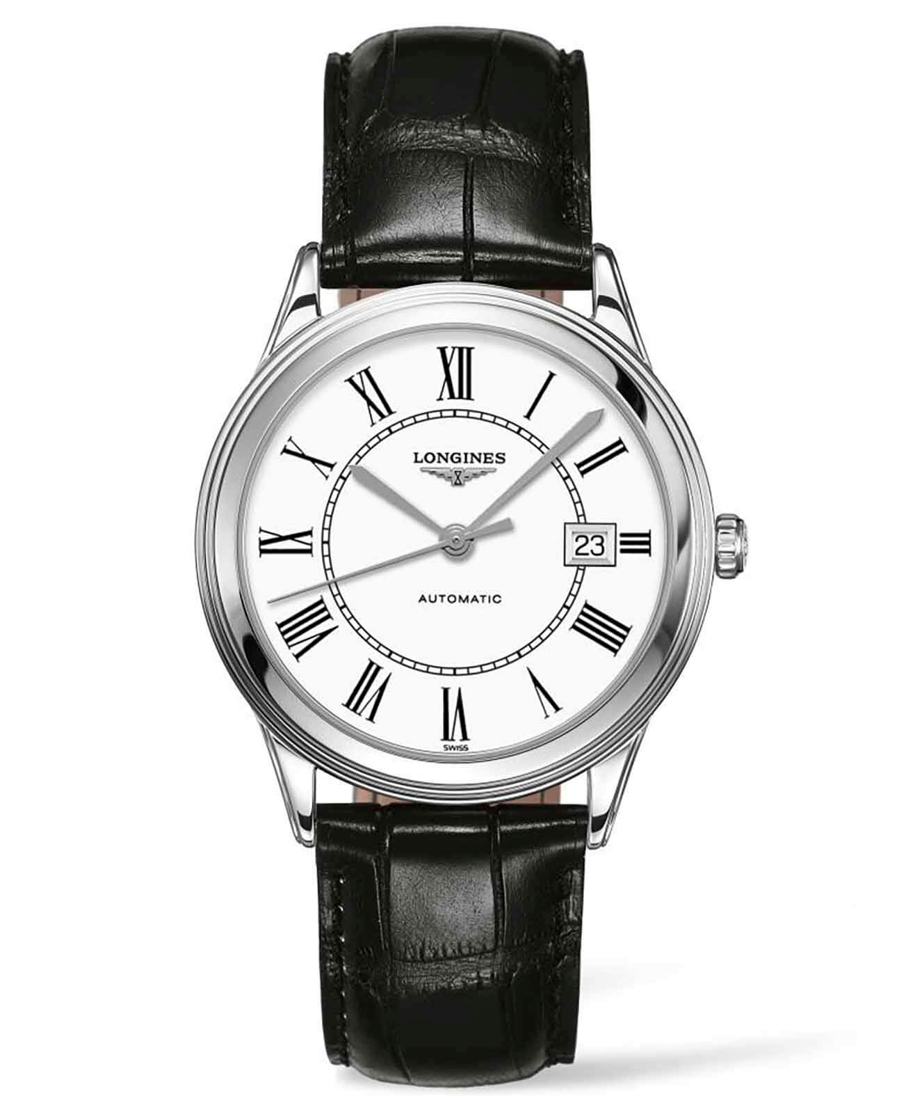 Longines Longines Flagship L4.974.4.21.2  L49744212 механические мужские часы белый циферблат, браслет кожаный — вид спереди