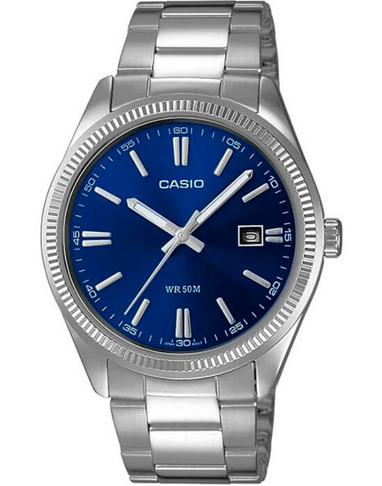 Casio Casio MTP-1302PD-2A  MTP-1302PD-2AVEF кварцевые мужские часы синий циферблат, браслет нержавеющая сталь — вид спереди