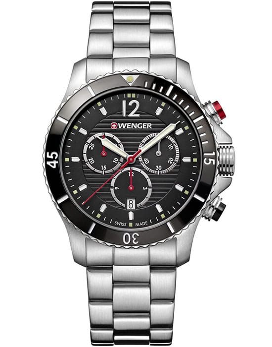 Wenger 01.0643.109  01.0643.109 кварцевые мужские часы черный циферблат, браслет нержавеющая сталь — вид спереди