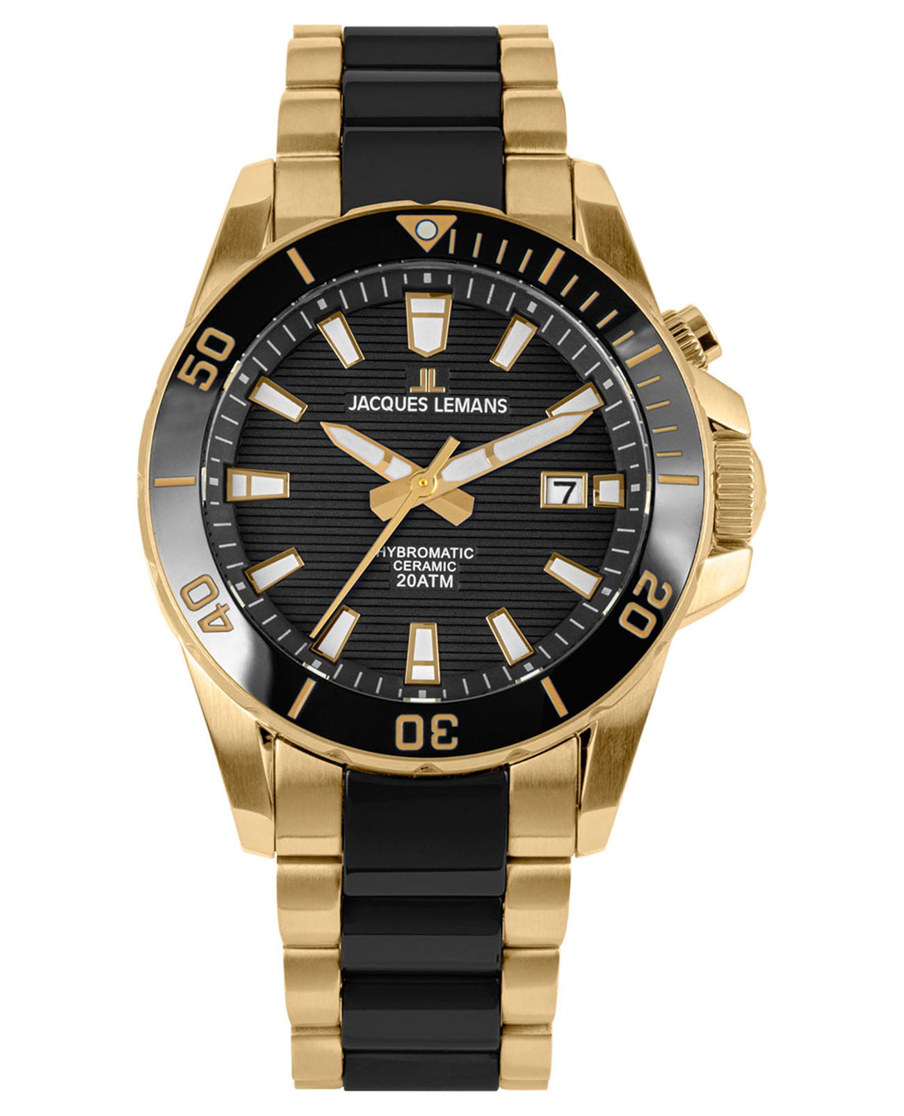 Jacques Lemans Jacques Lemans Hybromatic 1-2222D  1-2222D автокварц (кинетик) мужские часы черный циферблат, браслет сталь + pvd + керамика — вид спереди