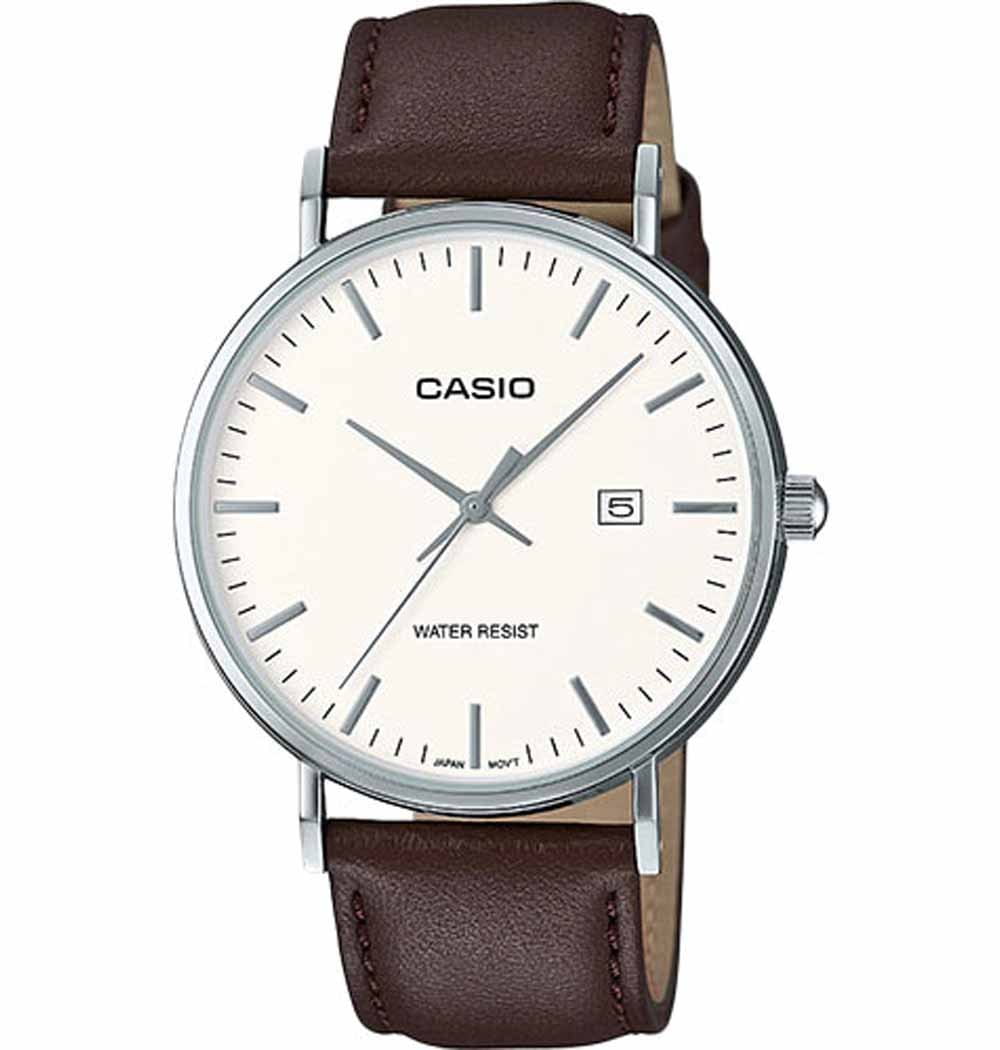 Casio Casio MTH-1060L-7A  MTH-1060L-7A кварцевые мужские часы белый циферблат, браслет кожаный — вид спереди
