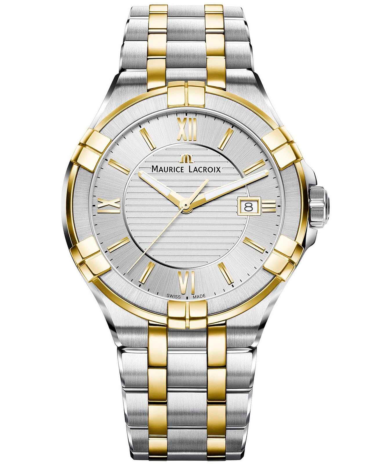 Maurice Lacroix Maurice Lacroix Aikon Date AI1008-PVY13-132-1  AI1008-PVY13-132-1 кварцевые мужские часы серебристый циферблат, браслет сталь c pvd покрытием — вид спереди