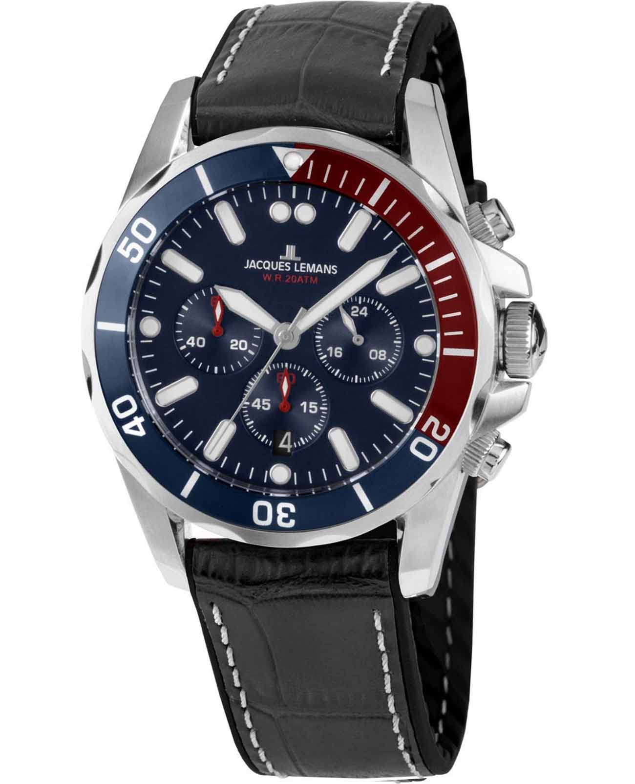 Jacques Lemans Jacques Lemans Sport 1-2091B  1-2091B кварцевые мужские часы синий циферблат, браслет кожаный — вид спереди
