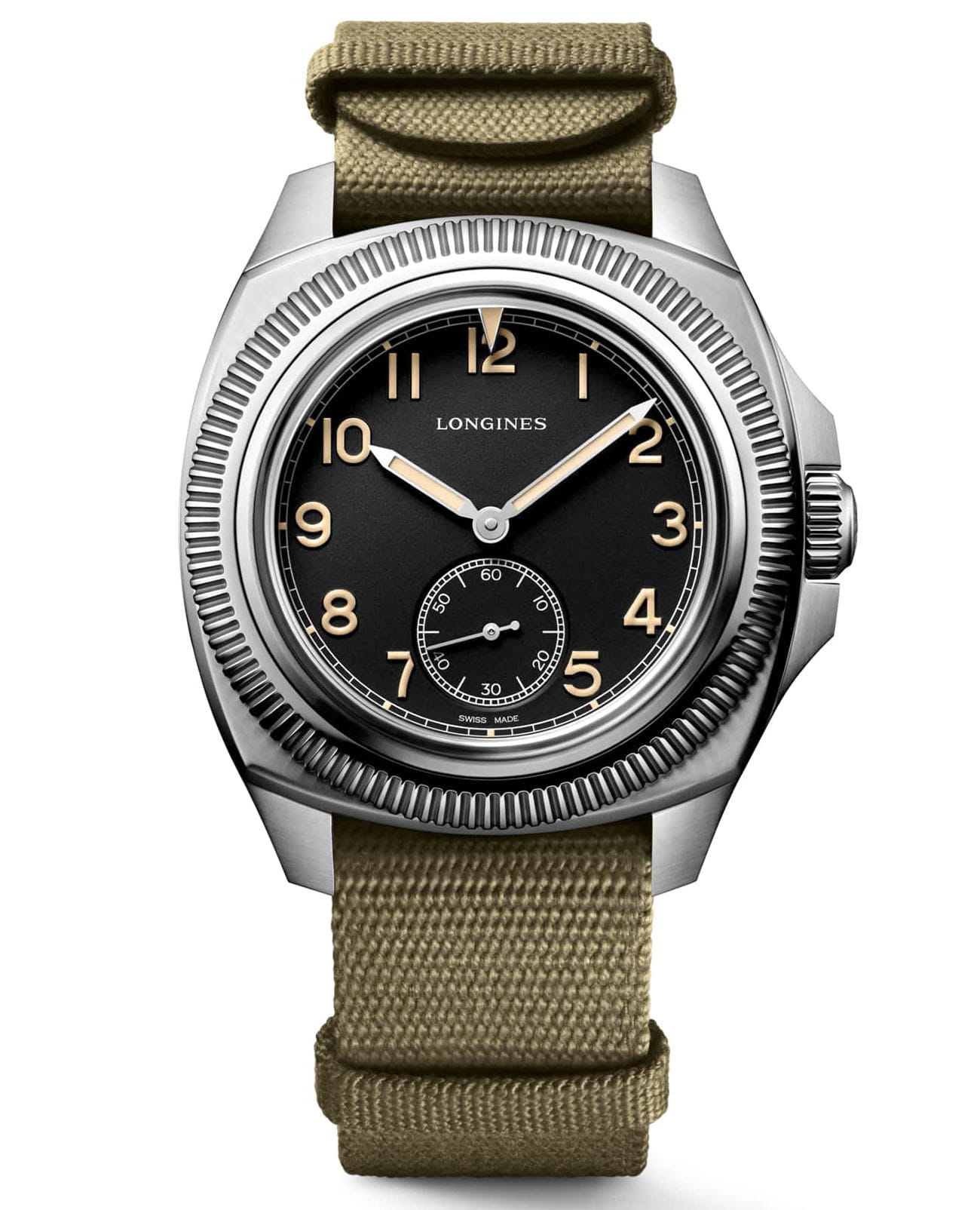 Longines Longines Pilot Majetek L2.838.4.53.8  L28384538 механические мужские часы черный циферблат, браслет тканевый — вид спереди