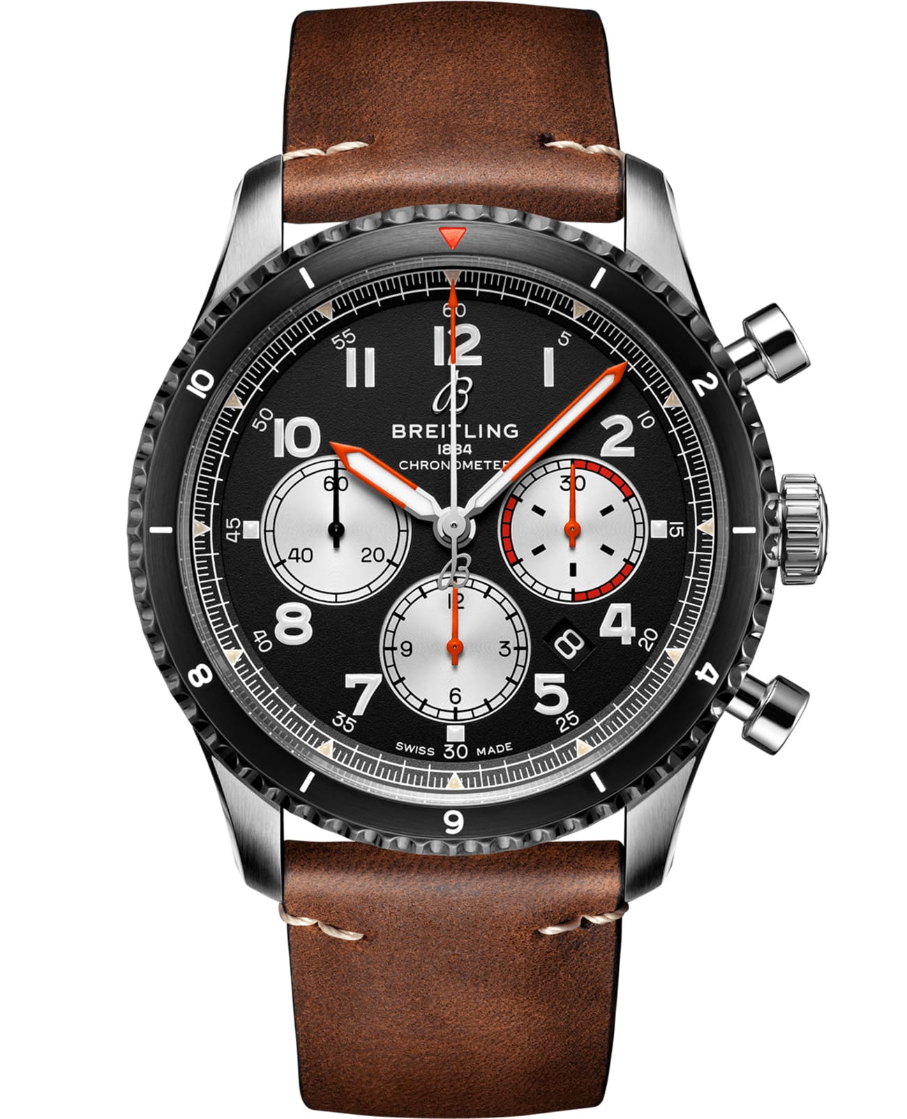 Breitling Breitling Aviator 8 B01 Chronograph 43 Mosquito AB01194A1B1X1  AB01194A1B1X1 механические мужские часы черный циферблат, браслет кожаный — вид спереди