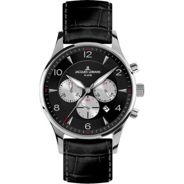 Jacques Lemans Jacques Lemans 1-1654A  1-1654A кварцевые мужские часы черный циферблат, браслет кожаный — вид спереди