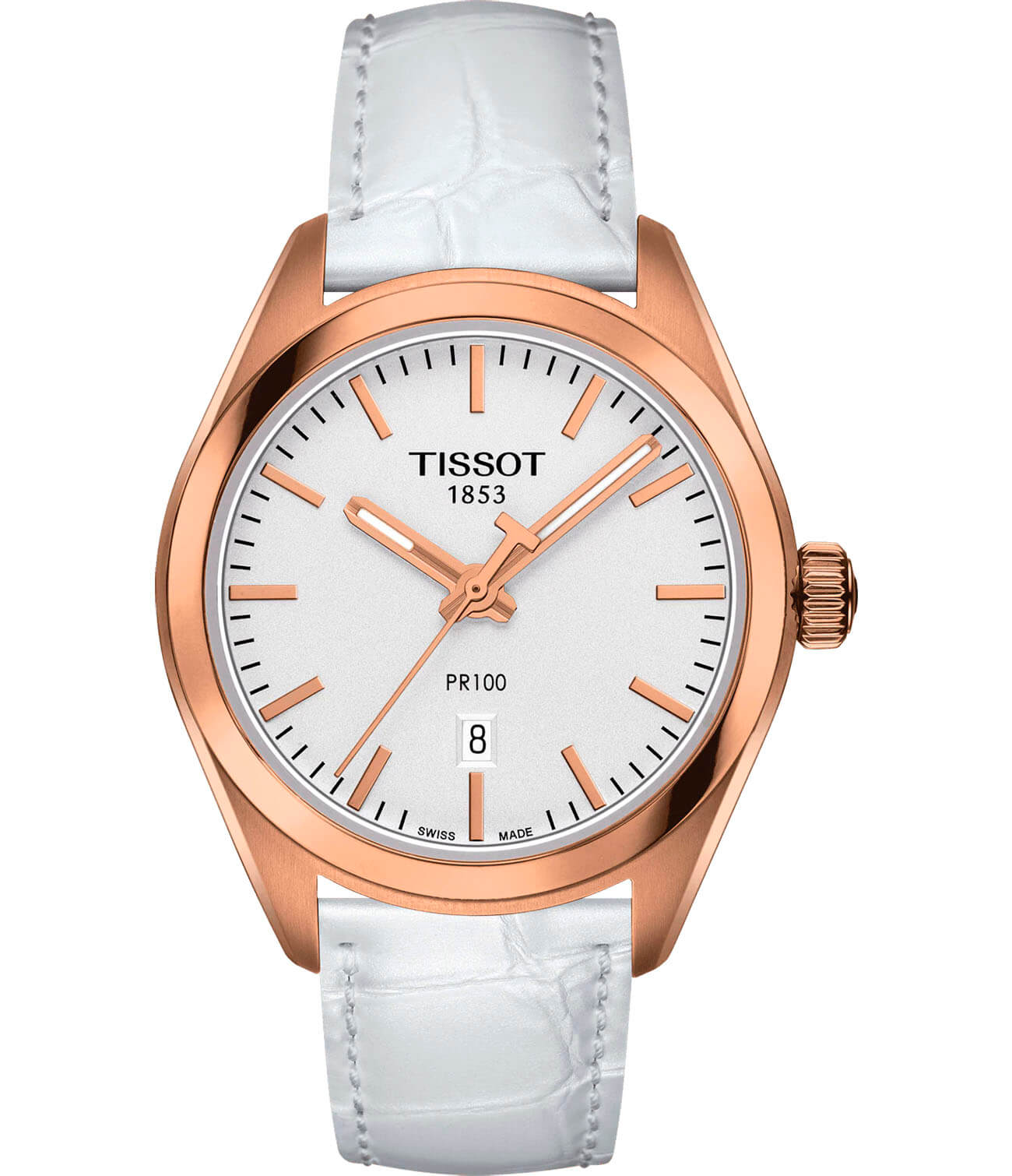 Tissot Tissot PR 100 Lady T101.210.36.031.01 PR 100 T1012103603101 кварцевые женские часы белый циферблат, браслет кожаный — вид спереди