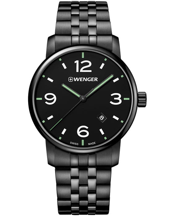 Wenger 01.1741.119  01.1741.119 кварцевые мужские часы черный циферблат, браслет сталь c pvd покрытием — вид спереди