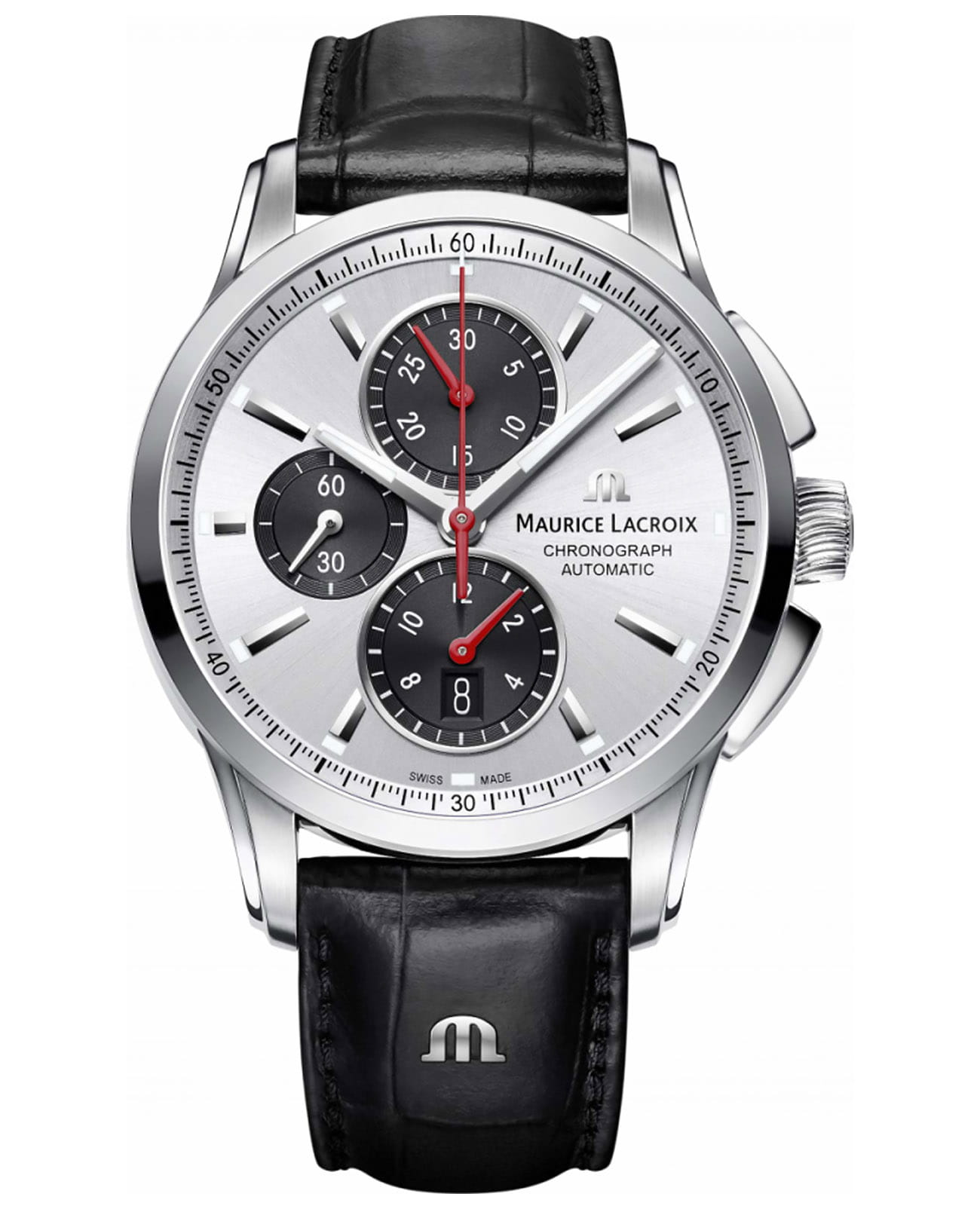 Maurice Lacroix Maurice Lacroix Pontos Chronograph PT6388-SS001-131-1  PT6388-SS001-131-1 механические мужские часы серебристый циферблат, браслет кожаный — вид спереди