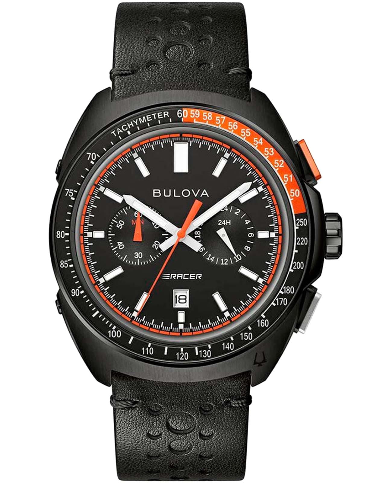 Bulova Bulova Racer Chronograph 98B428  98B428 кварцевые мужские часы черный циферблат, браслет кожаный — вид спереди