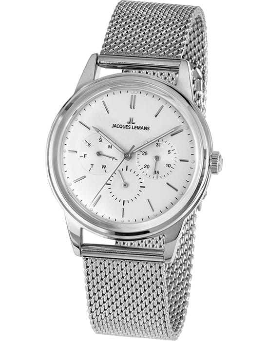 Jacques Lemans Jacques Lemans Retro Classic 1-2061G  1-2061G кварцевые мужские часы белый циферблат, браслет нержавеющая сталь — вид спереди