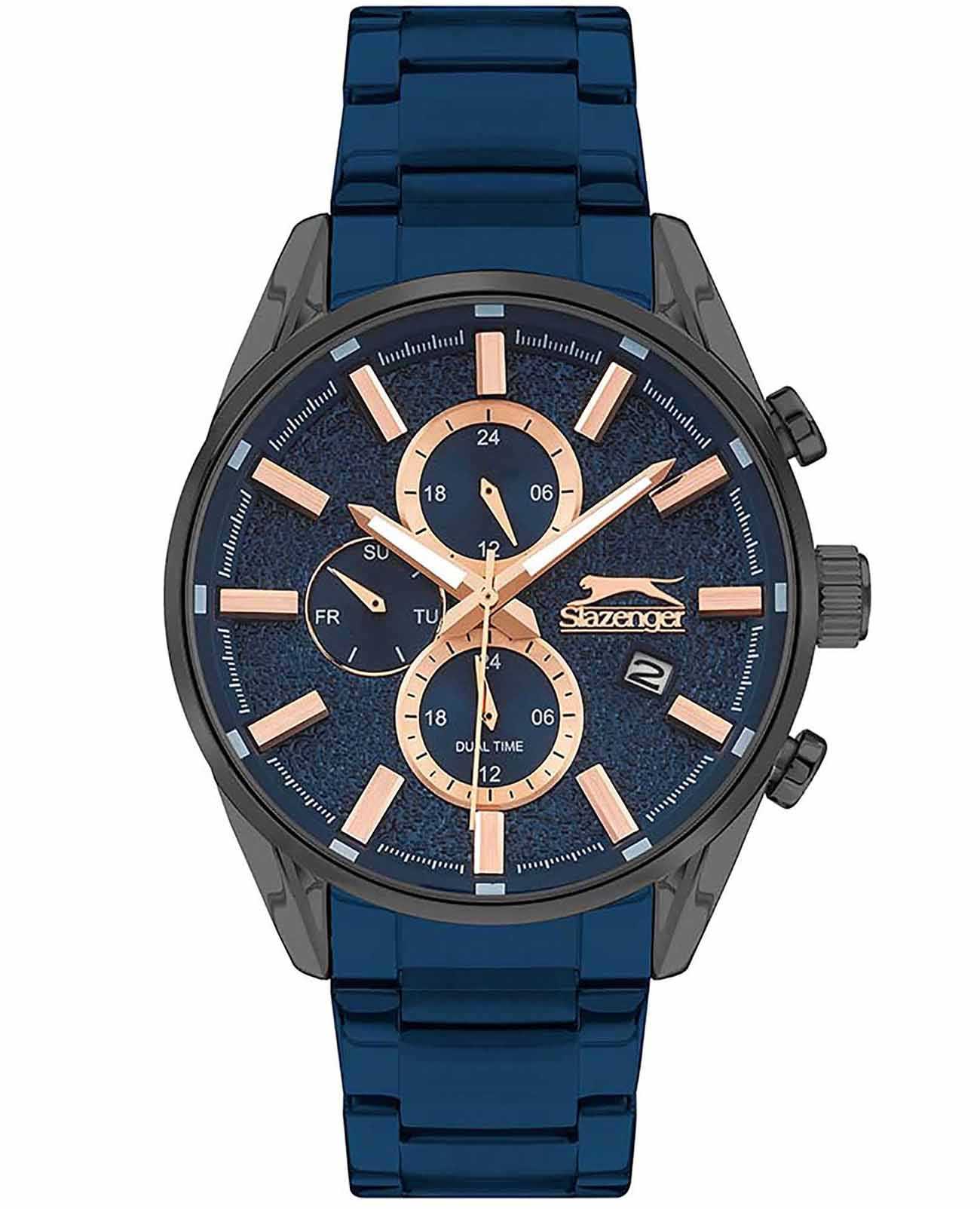 Slazenger Slazenger SL.09.2059.2.04  SL.09.2059.2.04 кварцевые мужские часы синий циферблат, браслет сталь с ip покрытием — вид спереди