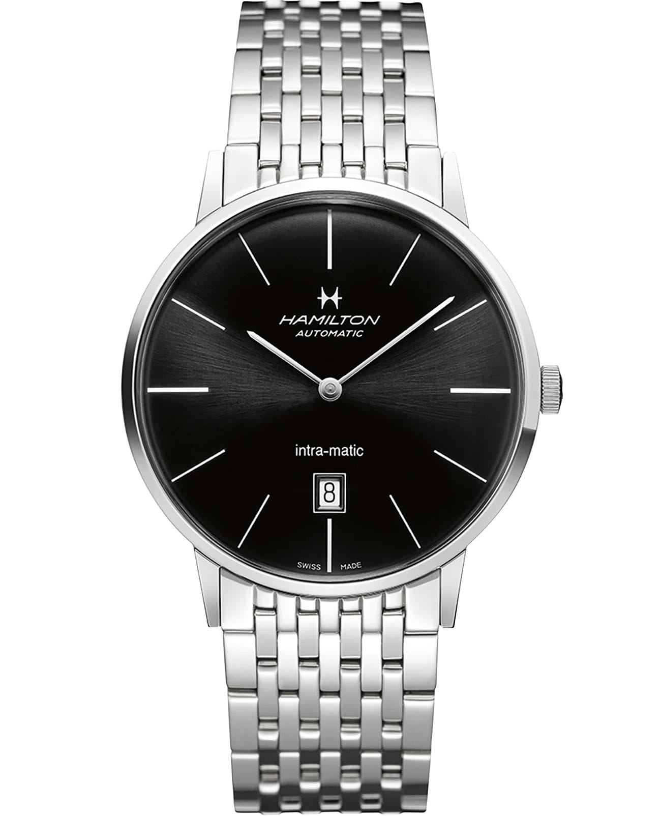 Hamilton Hamilton American Classic Intra-Matic Auto H38755131  H38755131 механические мужские часы черный циферблат, браслет нержавеющая сталь — вид спереди