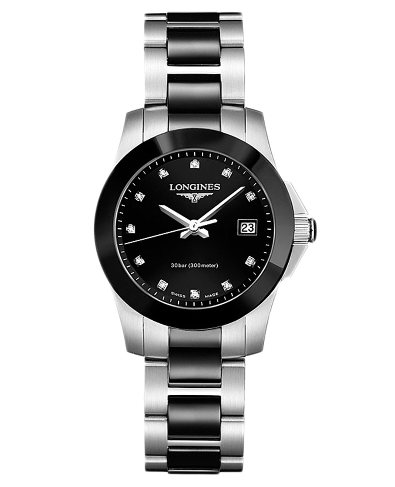 Longines Longines Conquest L3.257.4.57.7  L32574577 кварцевые женские часы черный циферблат, браслет сталь + керамические вставки — вид спереди