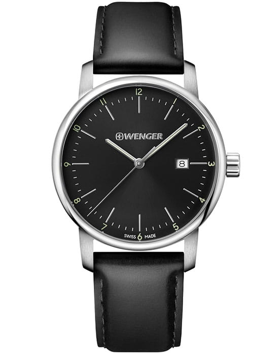 Wenger 01.1741.110  01.1741.110 кварцевые мужские часы черный циферблат, браслет кожаный — вид спереди