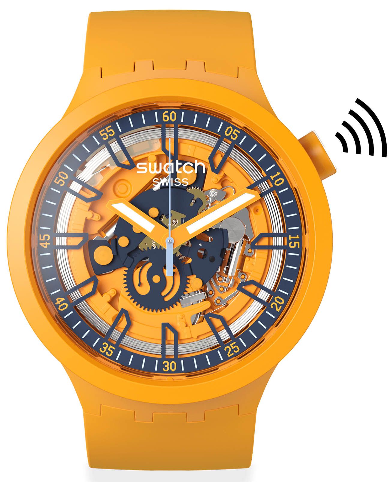 Swatch Swatch Big Bold Swatch Pay! SB01O100-5300  SB01O100-5300 кварцевые мужские часы оранжевый циферблат, браслет силикон — вид спереди
