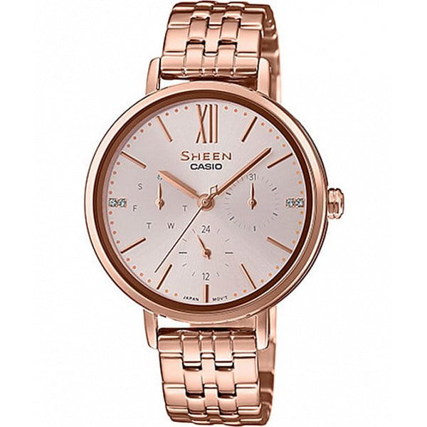 Casio Casio Sheen SHE-3064PG-4AUER  SHE-3064PG-4A кварцевые женские часы розовый циферблат, браслет сталь с ip покрытием — вид спереди