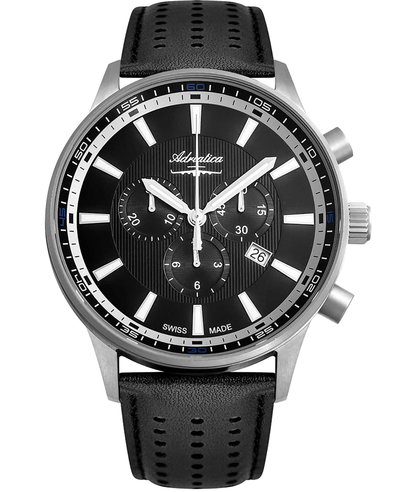 Adriatica Adriatica Aviation A8281.4214CH  A8281.4214CH кварцевые мужские часы черный циферблат, браслет кожаный — вид спереди