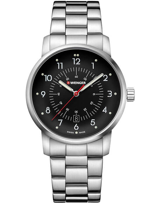 Wenger Avenue 01.1641.116  01.1641.116 кварцевые мужские часы черный циферблат, браслет нержавеющая сталь — вид спереди