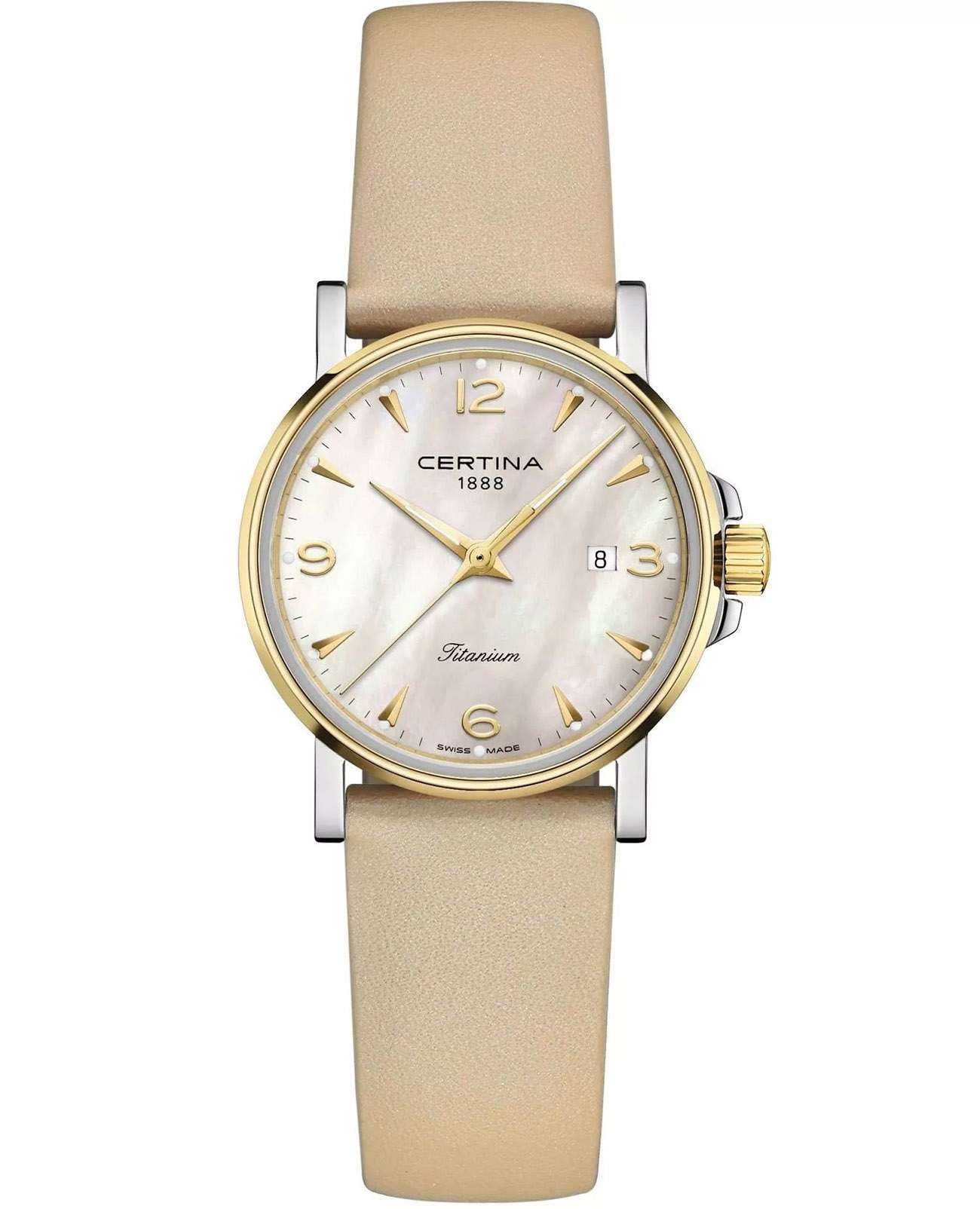 Certina Certina DS Caimano Ladies Titanium C017.210.56.117.00  C0172105611700 кварцевые женские часы перламутровый циферблат, браслет кожаный — вид спереди
