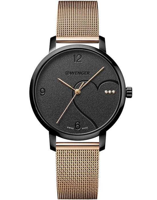 Wenger 01.1731.114  01.1731.114 кварцевые женские часы черный циферблат, браслет сталь c pvd покрытием — вид спереди