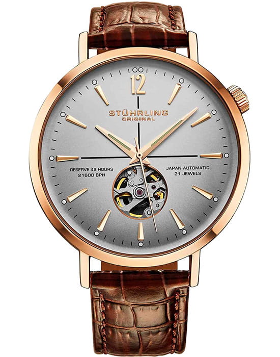 Stuhrling Stuhrling Quasar 1021.07  1021.07 механические мужские часы серый циферблат, браслет кожаный — вид спереди