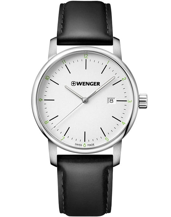 Wenger 01.1741.109  01.1741.109 кварцевые мужские часы белый циферблат, браслет кожаный — вид спереди