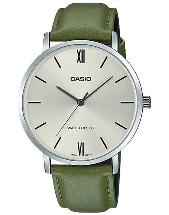 Casio Casio Collection MTP-VT01L-3BUDF (MTP-VT01L-3B)  MTP-VT01L-3B кварцевые мужские часы серебристый циферблат, браслет кожаный — вид спереди