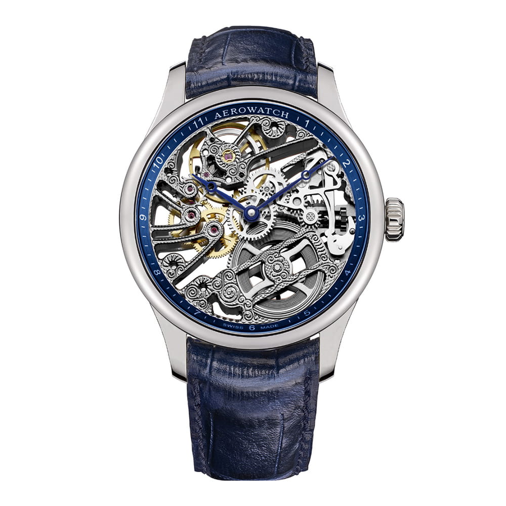 Aerowatch Aerowatch 1942 50981 AA11  50981 AA11 механические мужские часы серебристый циферблат, браслет кожаный — вид спереди