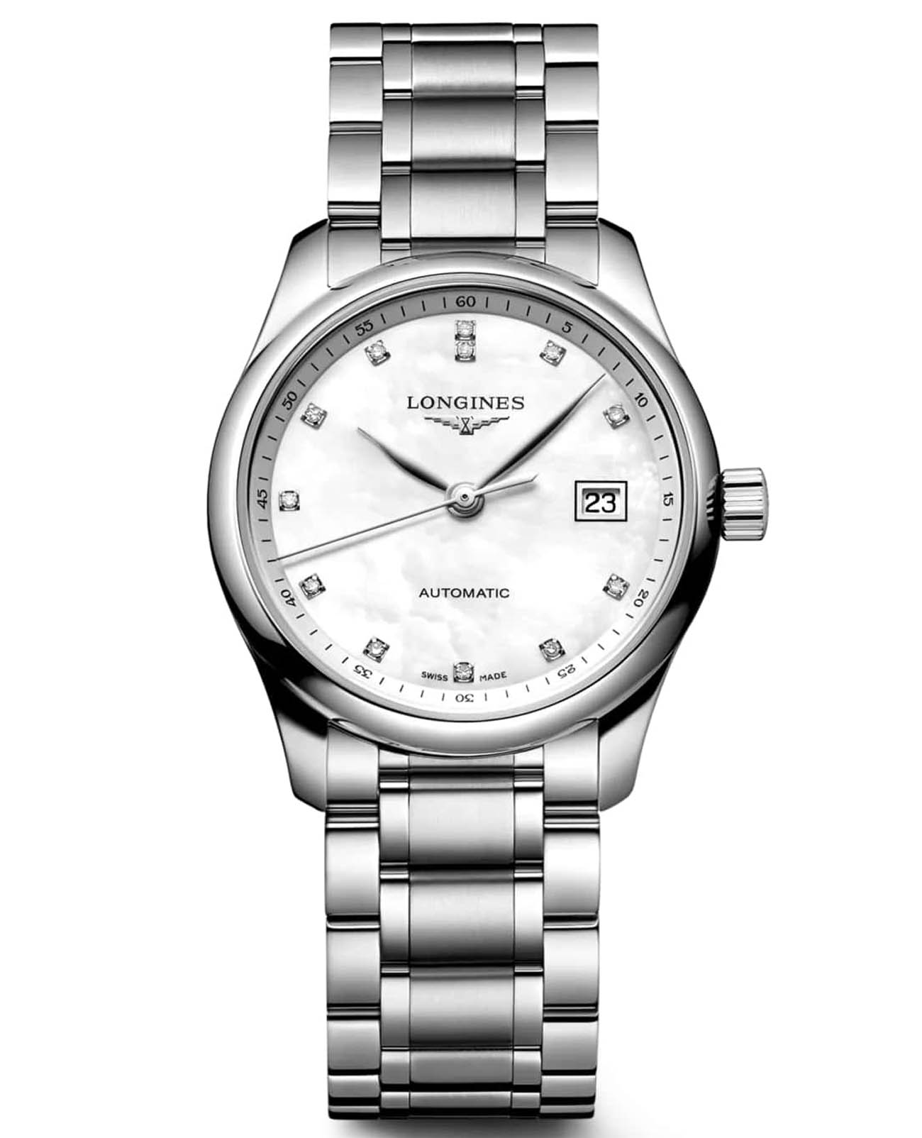 Longines Longines Master L2.257.4.87.6  L22574876 механические женские часы белый циферблат, браслет нержавеющая сталь — вид спереди