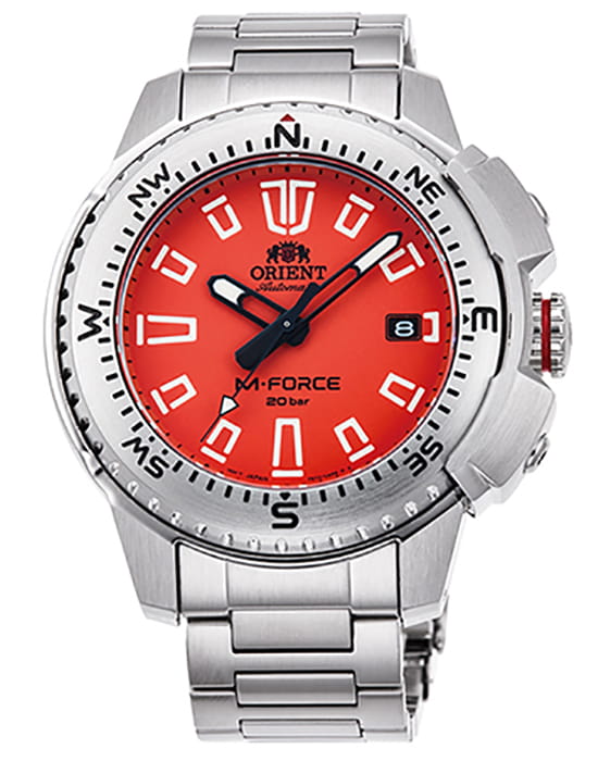 Orient Orient M-Force RA-AC0N02Y (RN-AC0N02Y)  RA-AC0N02Y механические мужские часы красный циферблат, браслет нержавеющая сталь — вид спереди