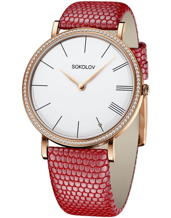 Sokolov 210.01.00.001.01.04.2  210.01.00.001.01.04.2 кварцевые женские часы перламутровый циферблат, браслет кожаный — вид спереди