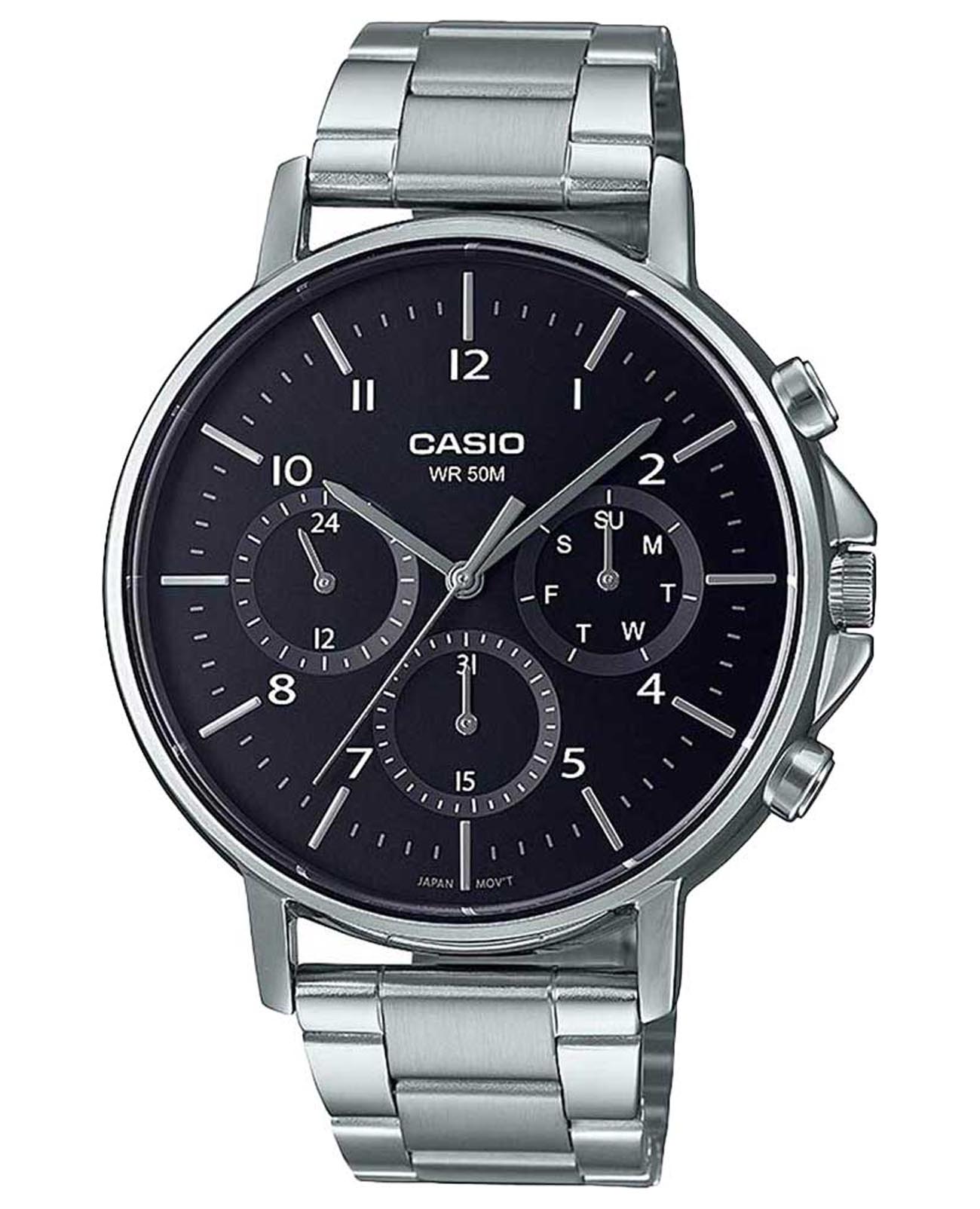 Casio Casio Collection MTP-E321D-1AVDF (MTP-E321D-1A)  MTP-E321D-1A кварцевые мужские часы черный циферблат, браслет нержавеющая сталь — вид спереди
