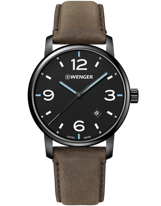 Wenger 01.1741.135  01.1741.135 кварцевые мужские часы черный циферблат, браслет кожаный — вид спереди