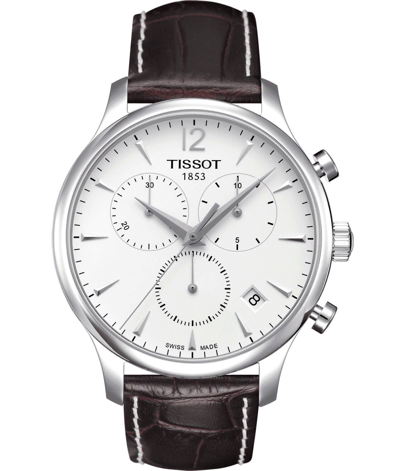 Tissot Tissot Tradition Chronograph T063.617.16.037.00 Tradition T0636171603700 кварцевые мужские часы белый циферблат, браслет кожаный — вид спереди
