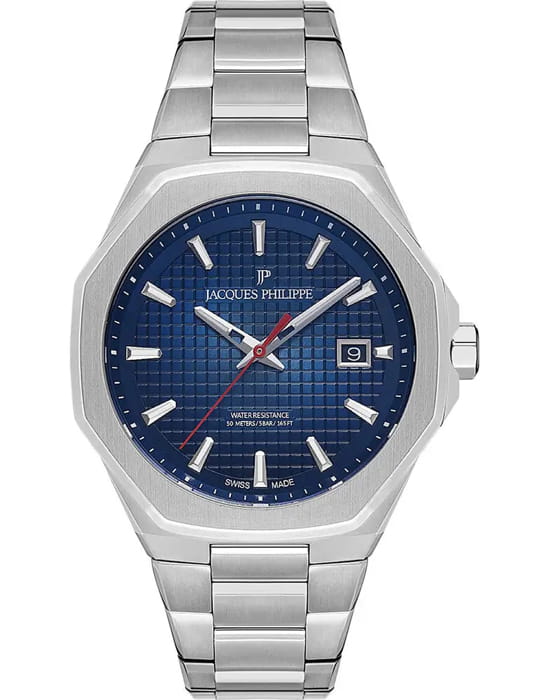 Jacques Philippe Jacques Philippe Octagon JPQGS381336  JPQGS381336 кварцевые мужские часы синий циферблат, браслет нержавеющая сталь 316l — вид спереди